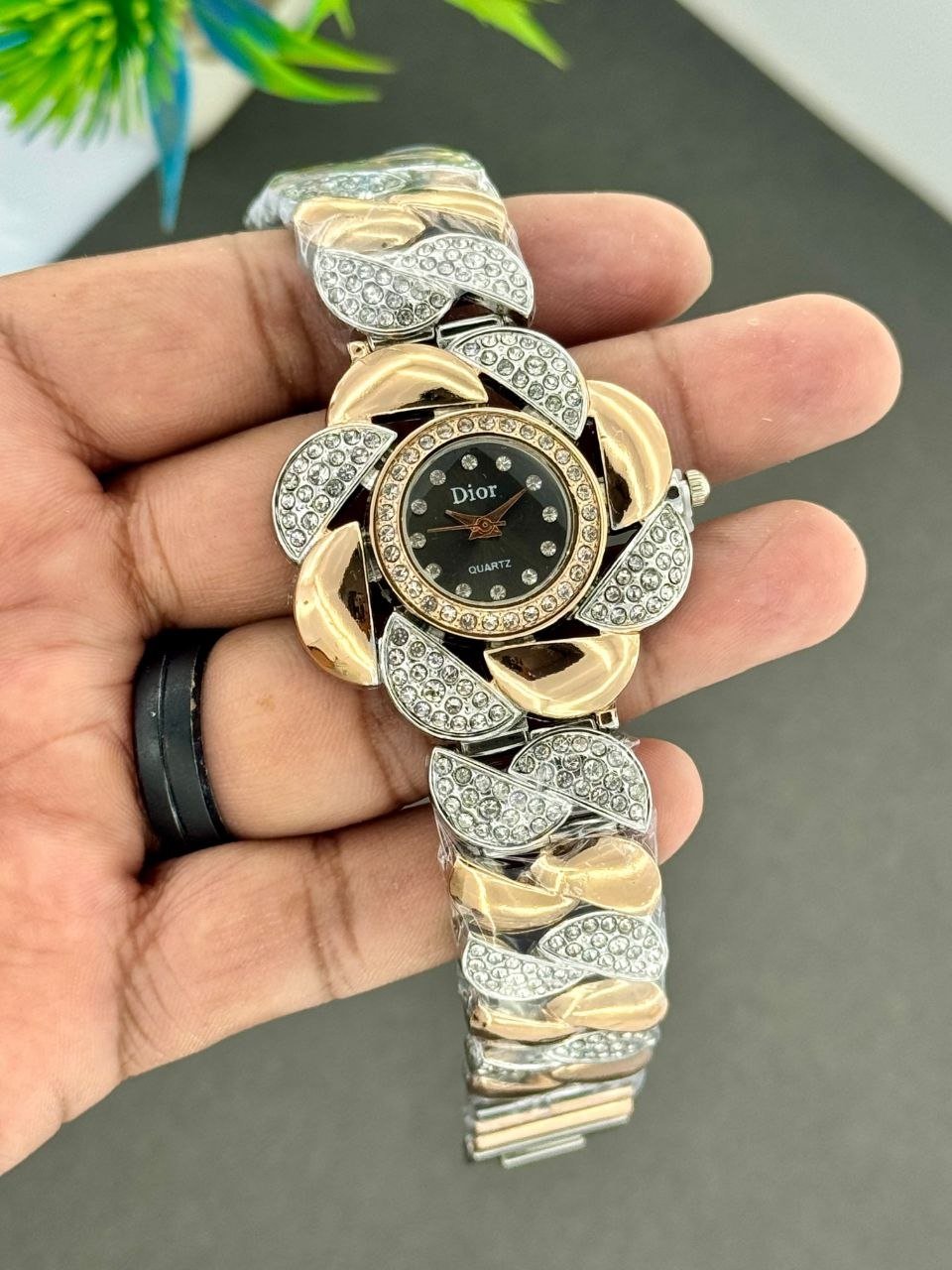 Dior Dual Tone Black Dial Flower Pattern Fancy Beautiful Ladies Watch 12
