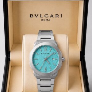 Bvlgari Satin Polished Steel Silver Bracelet Blue Dial Premium Quality Men's Watch 182