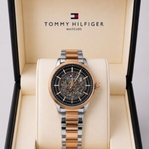 Tommy Hilfiger Dual Tone Open Heart Black Dial Automatic Men's Watch 26