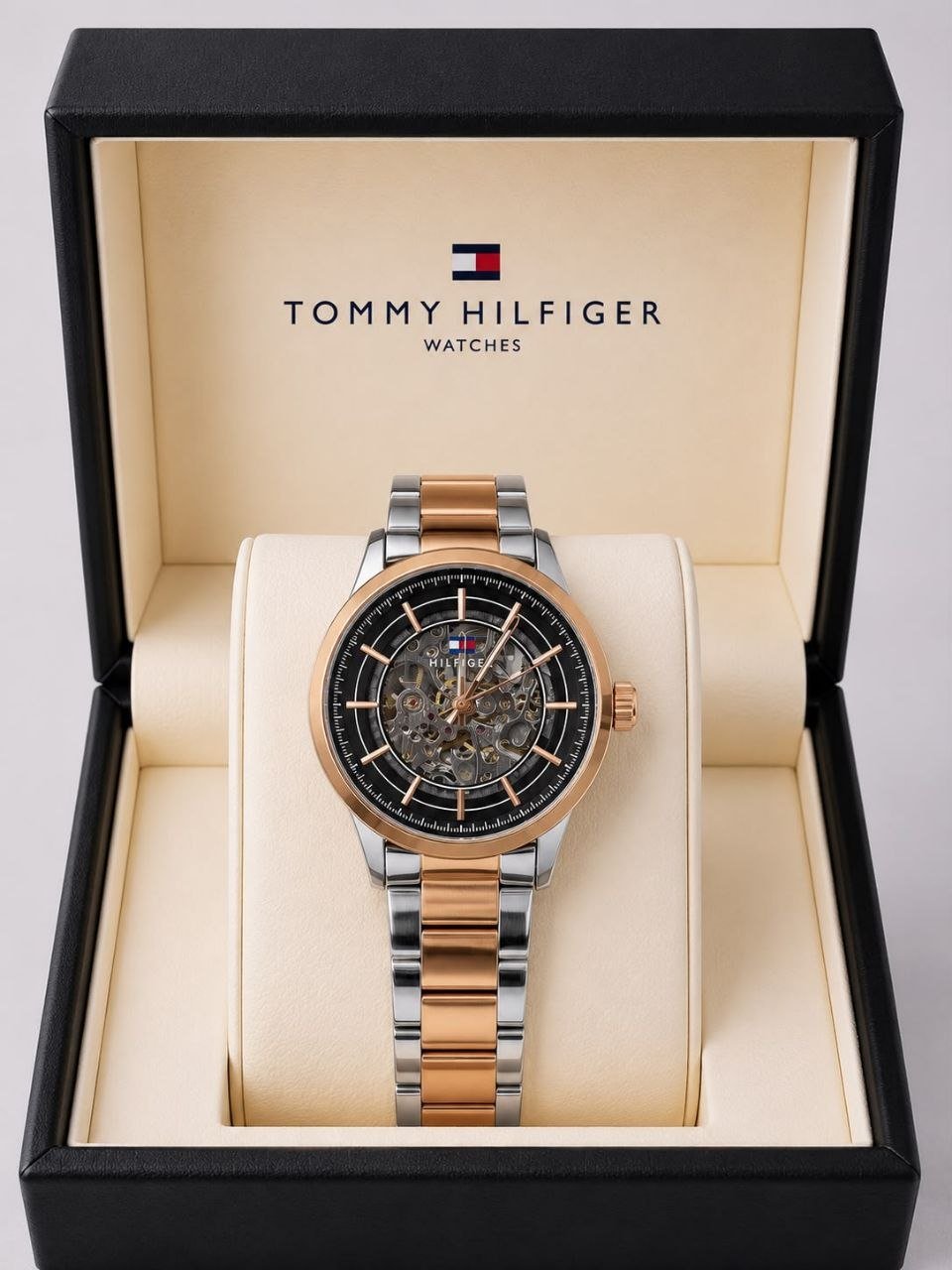 Tommy Hilfiger Dual Tone Open Heart Black Dial Automatic Men's Watch 26